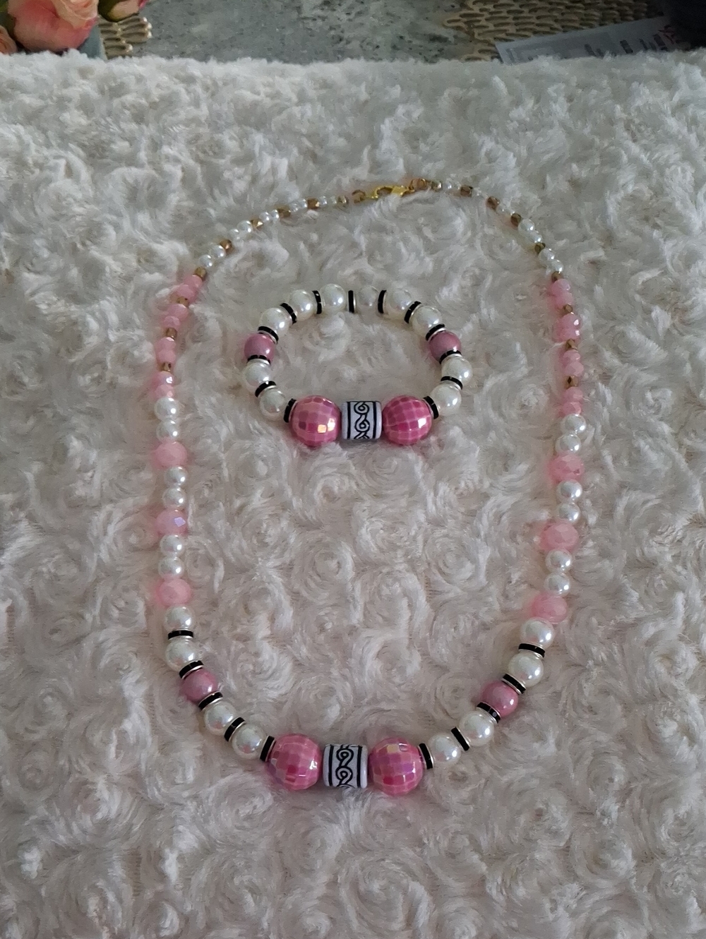 Pink and White Beaded Necklace with Matching Bracelet Set